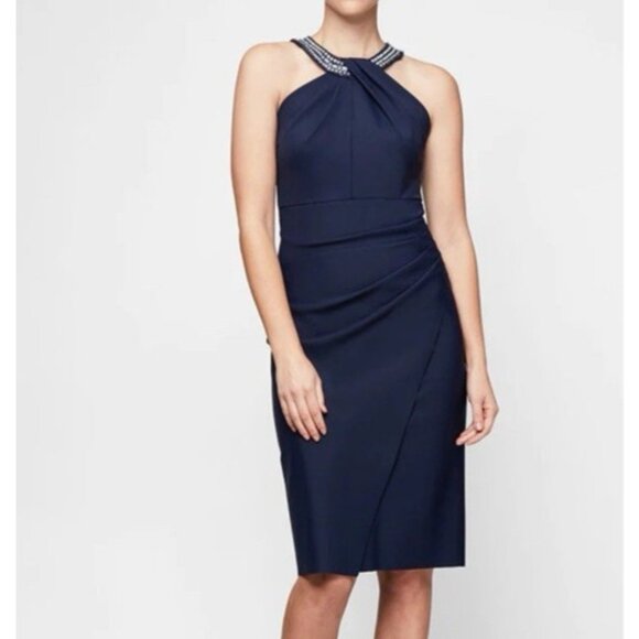 Alex Evenings 14 Dress Blue Crystal Drape Neck Wedding Cruise Party Event NEW - Picture 1 of 12